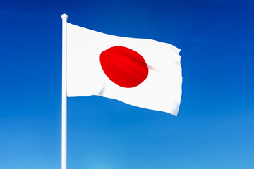Waving flag of Japan on the blue sky background