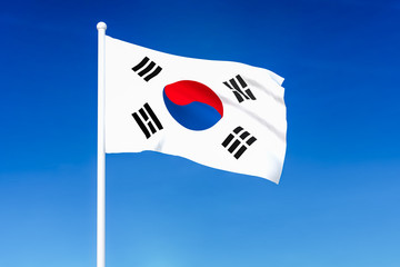 Waving flag of South Korea on the blue sky background