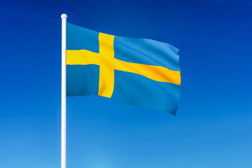 Waving flag of Sweden on the blue sky background