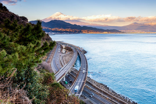 Tomei Express Way with Fuji Mountain Background at Satta-Toge Pass, Shimizu, Shizuoka, Japan