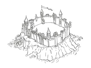 Castle or Fortress on Island Vintage Fantasy Map Cartoon Retro Drawing
