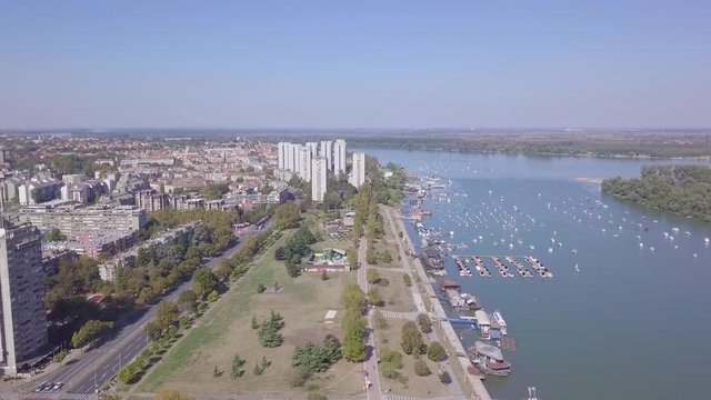 Static 4k aerial postcard shot of Zemun kej and marina on Danube river, Serbia