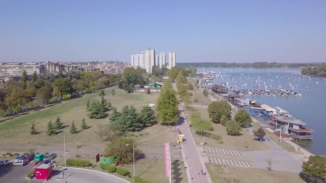 Fantastic aerial 4k opening shot of Zemun kej on Danube river, Belgrade