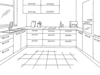 Kitchen room graphic black white home interior sketch illustration vector