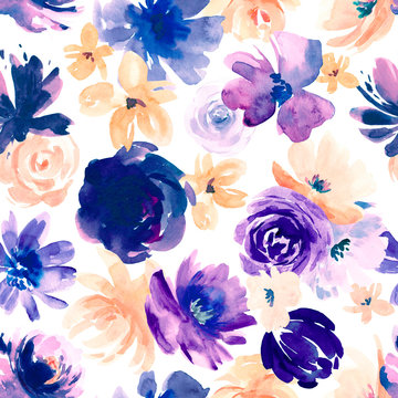 Watercolor seamless pattern with hand drawing wild flowers, colorful botanical illustration, floral elements, hand drawn repeatable background. Artistic backdrop.
