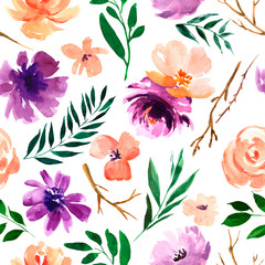 Watercolor floral seamless pattern in a la prima style, watercolor flowers, twigs, leaves, buds. Hand painted floral illustration.