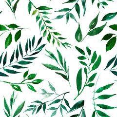 Seamless pattern with watercolor leaves, herbs and branches . Original hand drawn illustration. Botanical texture. Nature design. Can be used for a poster, printing on fabric.