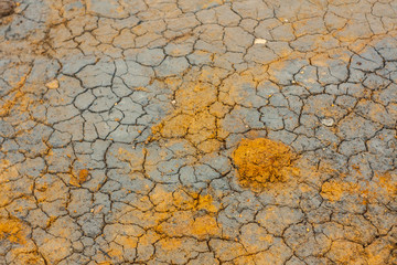Panorama of geothermal area Hverarönd (Hverir), situated by the orange-red clay coloured tuff mountain Namafjall south of Námaskarð in Iceland, with details and patterns
