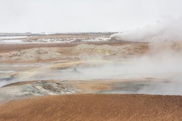 Panorama of geothermal area Hverarönd (Hverir), situated by the orange-red clay coloured tuff mountain Namafjall south of Námaskarð in Iceland, with details and patterns