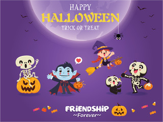 Vintage Halloween poster design with vector vampire, witch, skeleton, ghost, pumpkin character. 