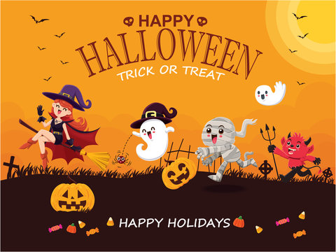 Vintage Halloween poster design with vector mummy, witch, demon, ghost, pumpkin character. 