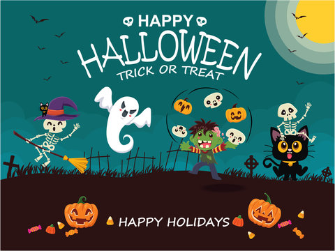 Vintage Halloween poster design with vector witch, skeleton, zombie, cat, ghost, pumpkin character. 