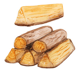 chopped firewood for a fire. small pieces of wood. watercolor hand drawing elements for prints and design. camping trip and natural elements.