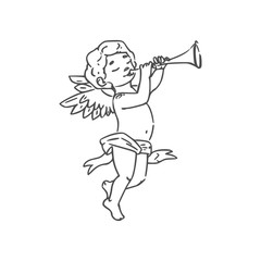 Fototapeta na wymiar Cupid boy playing on trumpet isolated