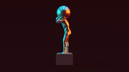 Silver Atlas Statue Holding up the Celestial Heavens Left View with Red Orange and Blue Green Moody 80s lighting 3d illustration 3d render