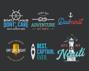Nautical vintage prints designs set for t-shirts, apparel. Marine logos and badges. Retro typography with lighthouse and anchor. Navy emblems, sea and ocean style tees collection. Stock vector