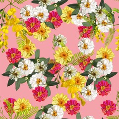 Fototapeta na wymiar Flower seamless pattern.Sesbania and zinnia flower vector illustration