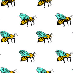 Bees, hand drawn seamless pattern. Decorative colored wallpaper, good for printing. Hand drawn overlapping background, beekeeping. Design illustration vector
