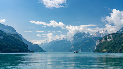 Switzerland, Panoramic view on green Alps and lake Lucerne from Brunnen