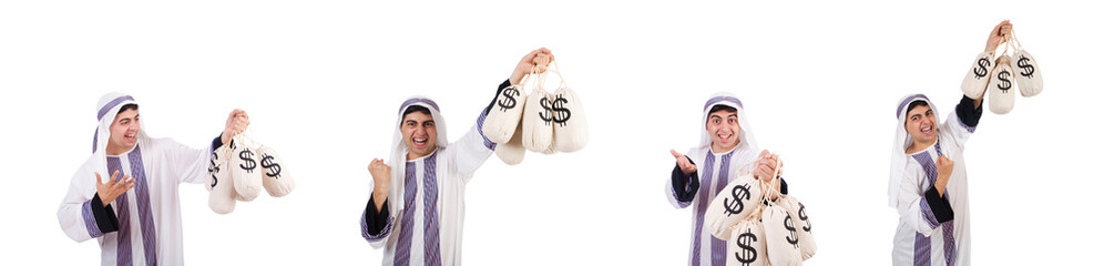 Arab man with money sacks isolated on white