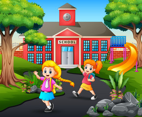 Happy students going home after school