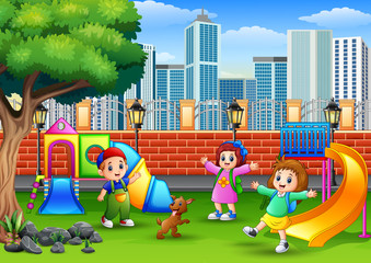 Happy children playing on a public park