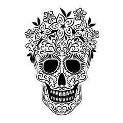 The stylized skull with flowers is drawn with a black line from the ornament. Symbol.