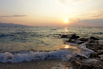 Beautiful sunset in September on the shores of the Aegean in the city of Saranda in Albania