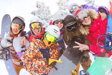 Big group of friends at ski resort