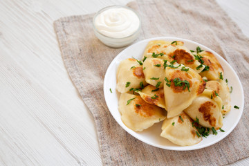 Homemade traditional polish fried potato pierogies on a white plate, low angle view. Copy space.