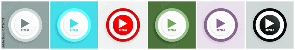 Leinwandbilder replay icon set, colorful flat design vector illustrations in 6 options for web design and mobile ap