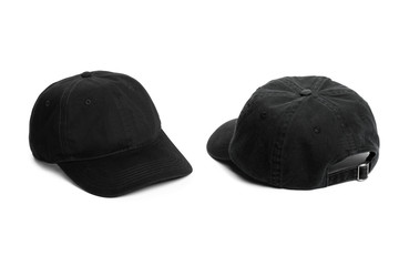 Black Baseball cap isolated on white background. Front and back view.