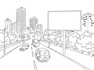 Road billboard graphic black white city street landscape sketch illustration vector - obrazy, fototapety, plakaty