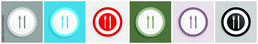 Poster eat icon set, colorful flat design vector illustrations in 6 options for web design and mobile appli