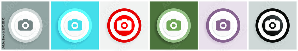 Poster photo camera icon set, colorful flat design vector illustrations in 6 options for web design and mob