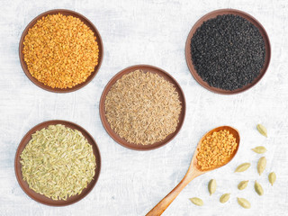 Spices set on concrete background in clay plate and spoon. Black cumin, jeera, fennel, fenugreek, green cradamom. Modern apothecary, naturopathy and ayurveda concept.