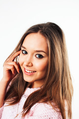 Fototapeta premium young pretty stylish hipster girl posing emotional isolated on white background happy smiling cool smile, lifestyle people concept