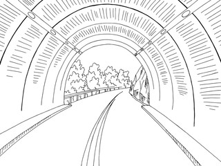 Exit from the tunnel road graphic black white landscape sketch illustration vector - obrazy, fototapety, plakaty