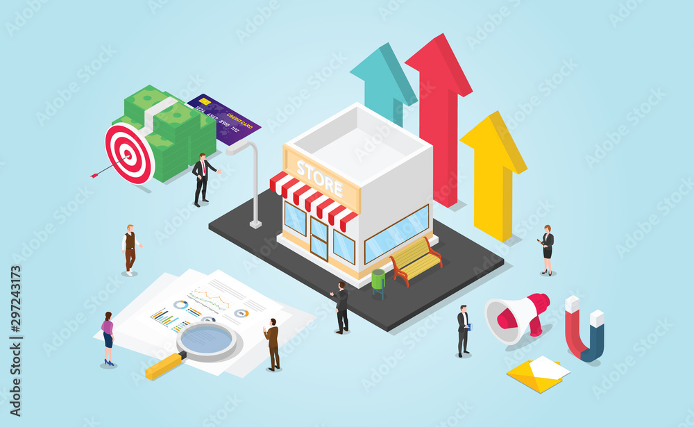 Wall mural small business growth development with finance report and data money with modern isometric style - v
