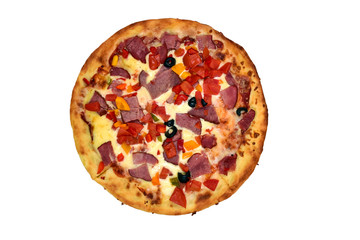 Pizza with smoked meat, sauce, cheese, smoked meat, cherry tomatoes, bell pepper, black olives isolated on white background