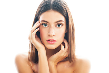 Fototapeta premium beautiful young brunette woman with vitiligo disease close up isolated on white