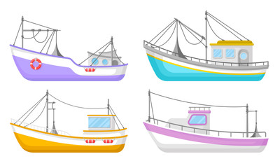 Yachts And Commercial Fishery Ships Vector Illustrated Set