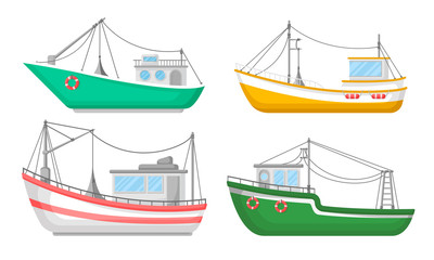 Yachts And Commercial Fishery Ships Vector Illustrated Set