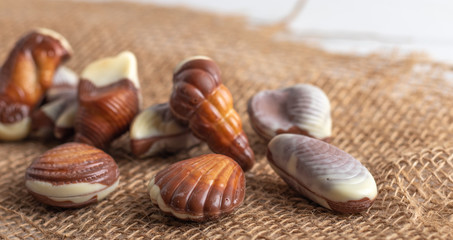 Famous Belgian chocolate seafood on a cloth with a cup of coffee