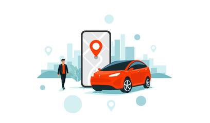 Vector illustration of autonomous online car sharing service controlled via smartphone app. Phone with location mark and smart car with modern city skyline. Isolated connected vehicle remote parking.  - obrazy, fototapety, plakaty