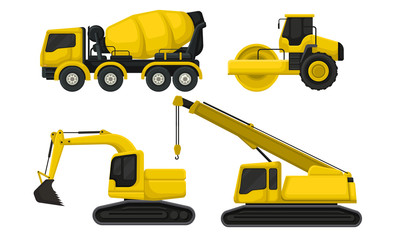 Special Vehicles Vector Isolated Set. Heavy Machinery Equipment For Road Construction