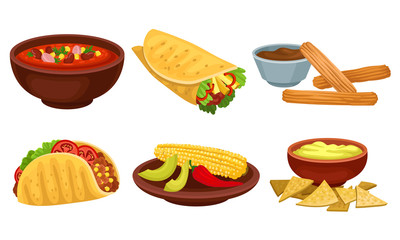 Mexican Traditional Food Items Vector Set Isolated On White Background