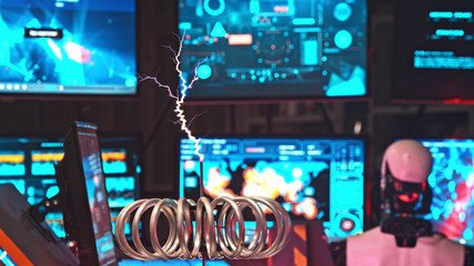 Electric spring with lightnings in the background robot and screens