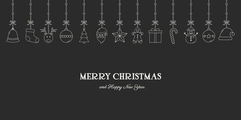 Minimalist Christmas greeting card with hanging ornaments and text. Xmas decoration. Vector