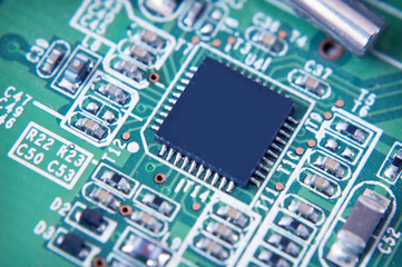 Electronic circuit board closeup. Electronic computer hardware technology macro. Motherboard...